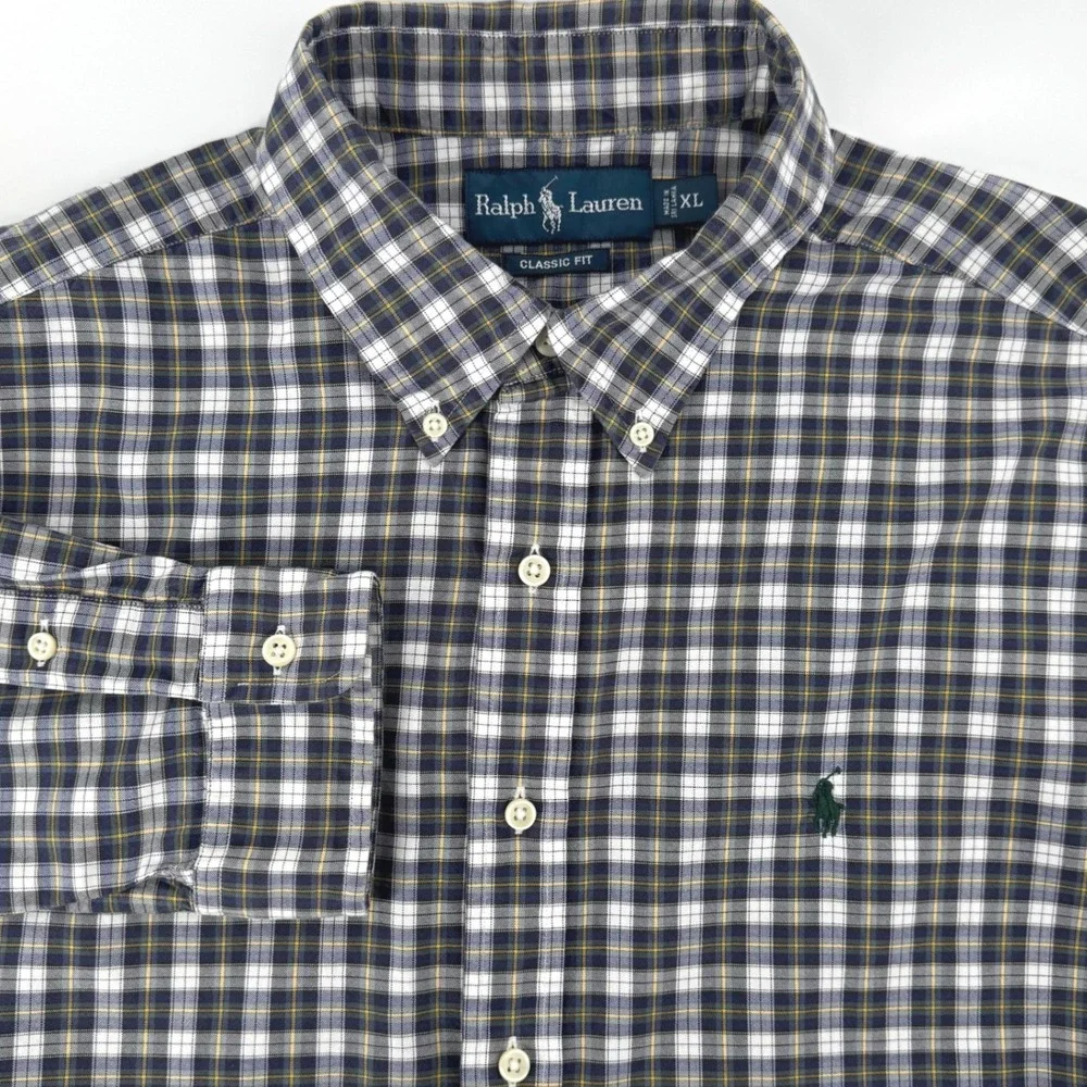 Ralph Lauren Classic Fit Mens XL Plaid Button Down‎ Shirt Navy White Yellow Pony